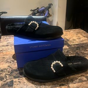 Stuart Weitzman suede and shearling black mules